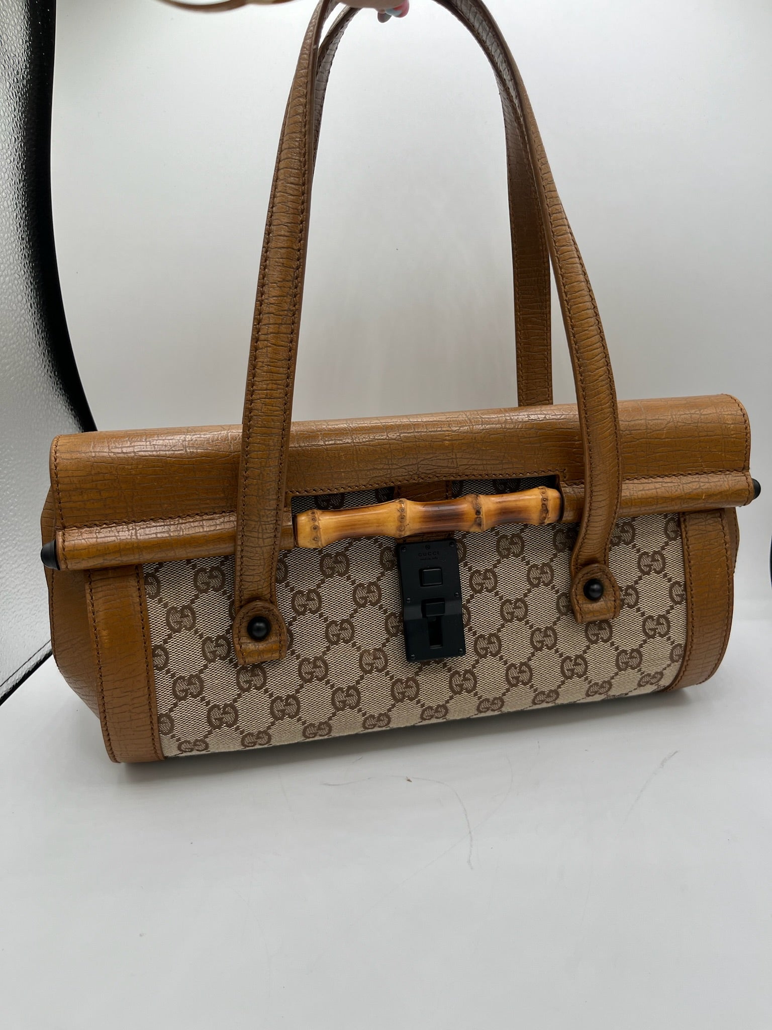 GUCCI - Bolso de mano GG Bamboo de piel jacquard en color beige y marrón