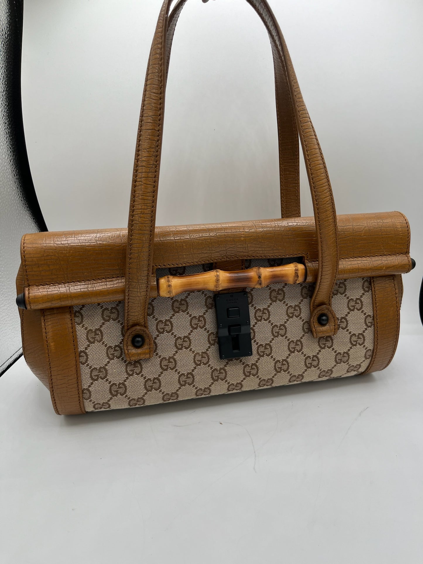 GUCCI - GG Bamboo Beige Brown Jacquard Leather Handbag