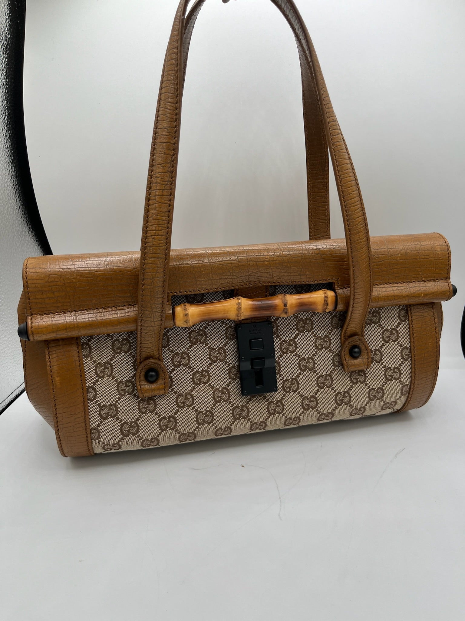 GUCCI - Bolso de mano GG Bamboo de piel jacquard en color beige y marrón
