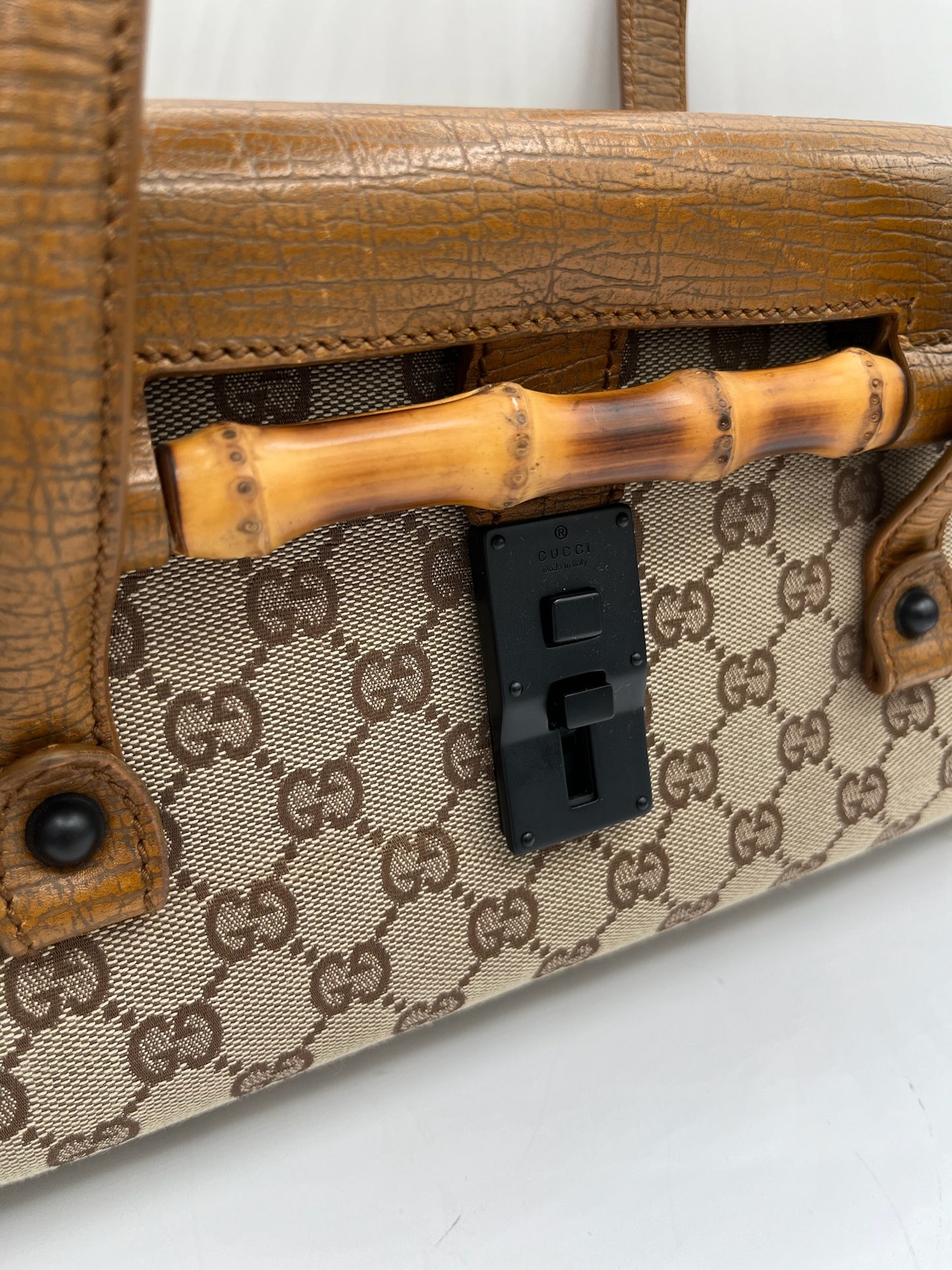 GUCCI - GG Bamboo Beige Brown Jacquard Leather Handbag