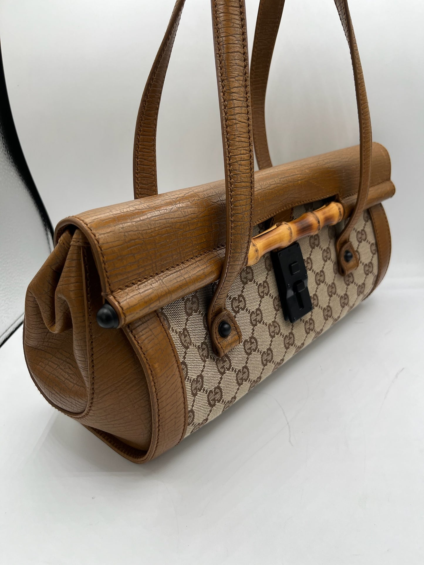 GUCCI - GG Bamboo Beige Brown Jacquard Leather Handbag