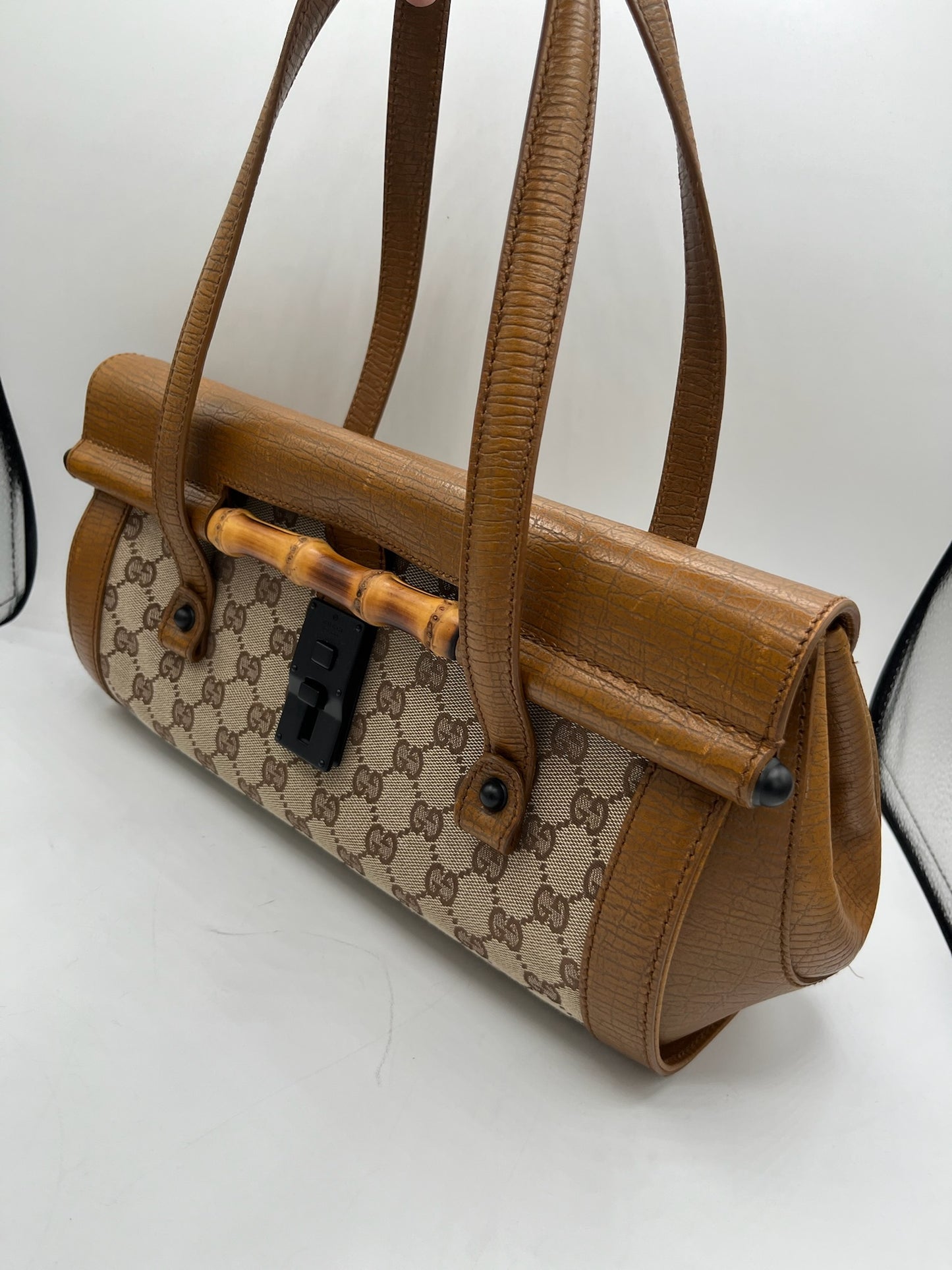 GUCCI - GG Bamboo Beige Brown Jacquard Leather Handbag