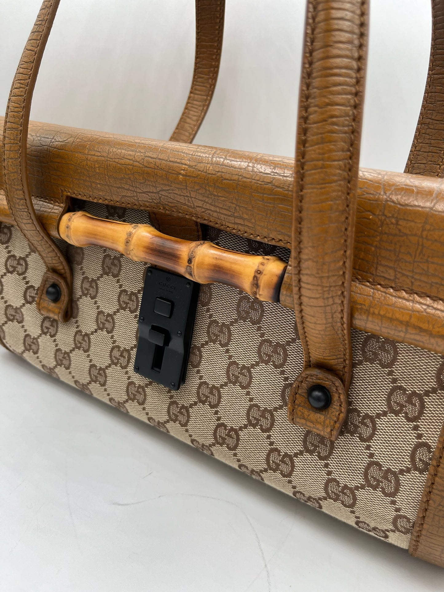 GUCCI - GG Bamboo Beige Brown Jacquard Leather Handbag