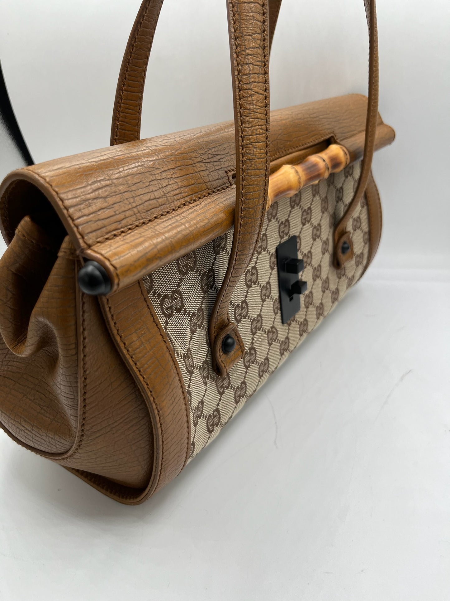 GUCCI - GG Bamboo Beige Brown Jacquard Leather Handbag