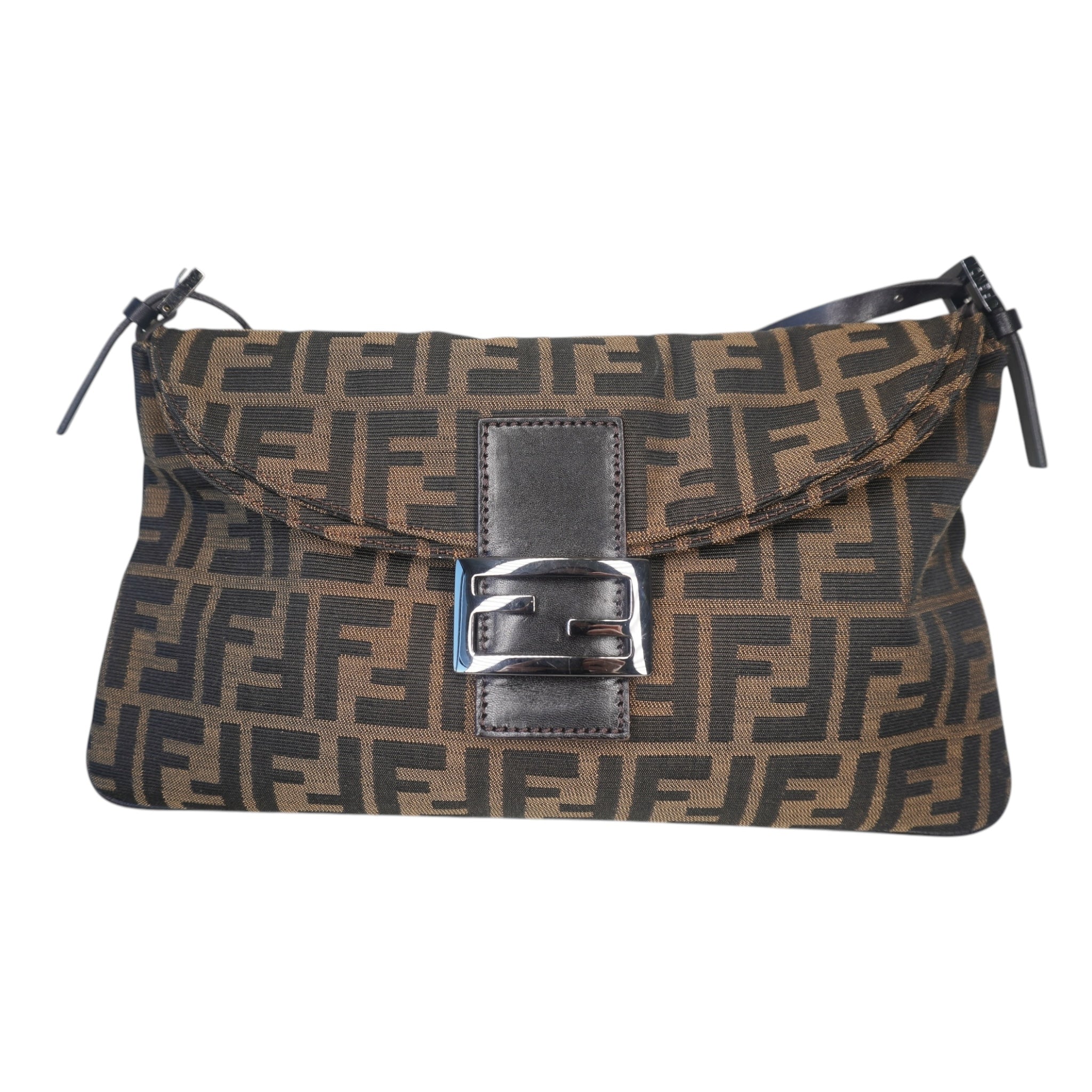 PRE-OWNED Brown Zucca Double Flap Baguette Shoulder Bag