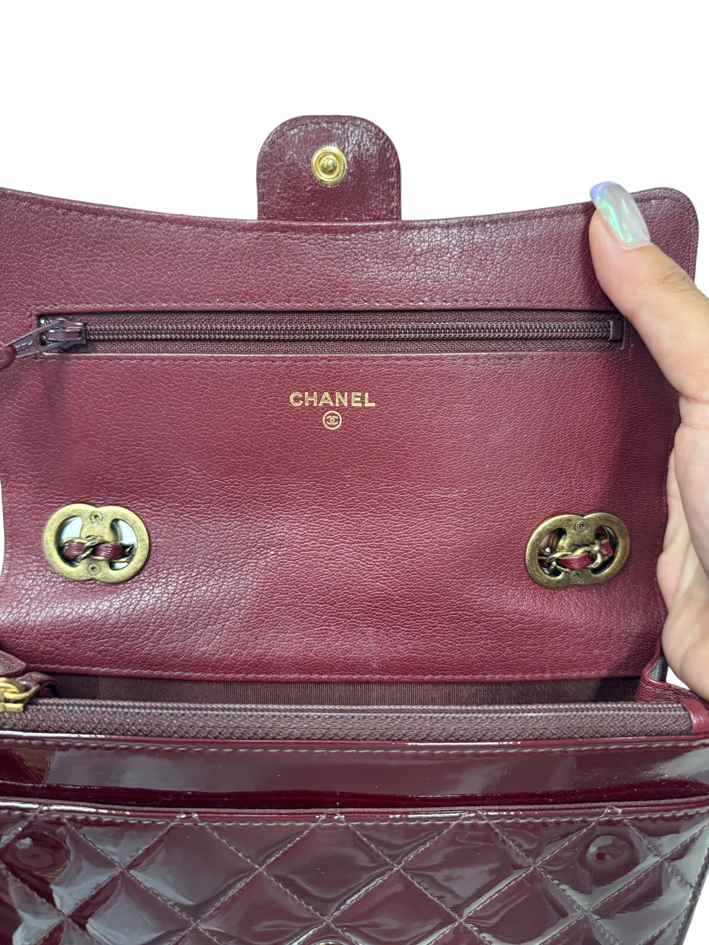 CHANEL - Burgundy Quilted Patent WOC