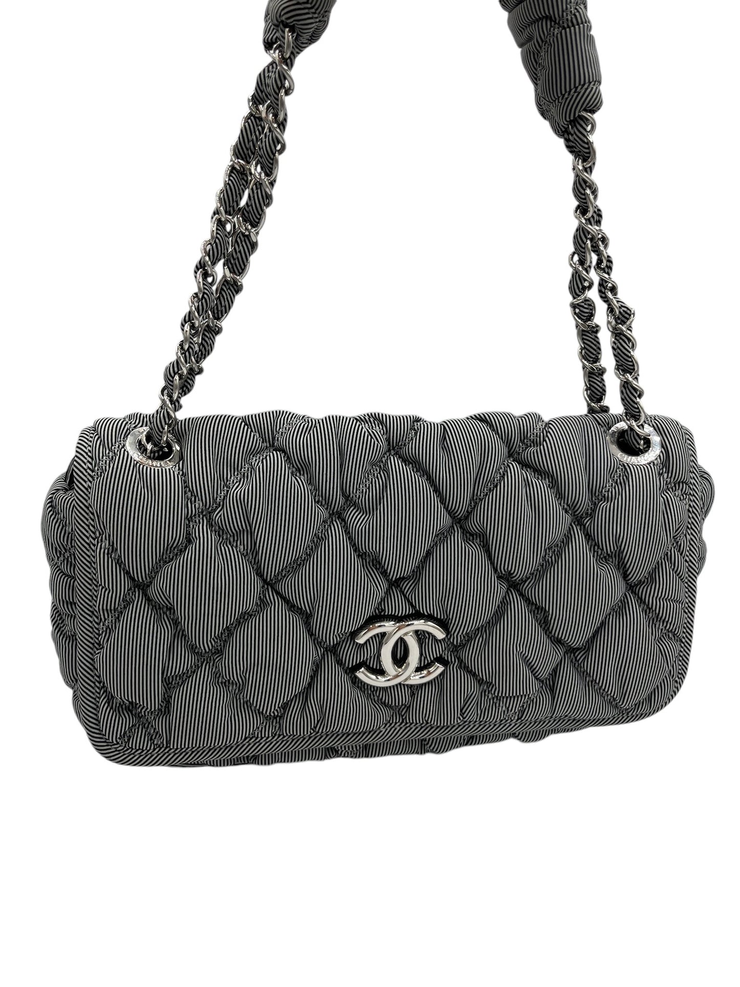 CHANEL - Grey Quilted Nylon Bubble Flap Shoulder Bag