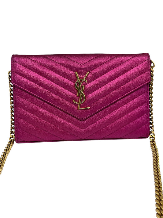 SAINT LAURENT - Pink Metallic Chevron Quilted Grained Matelasse Wallet on Chain Crossbody Bag