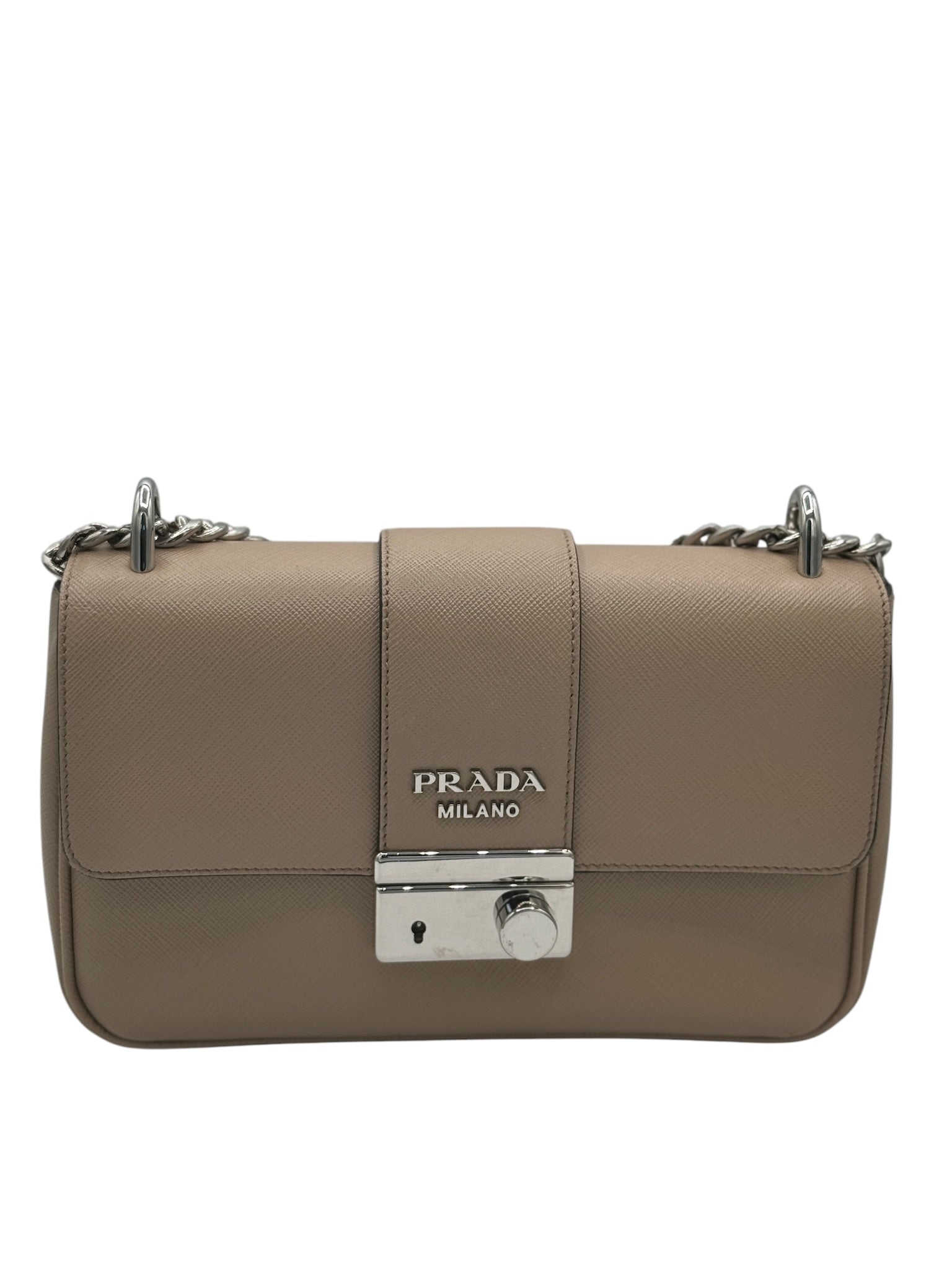 PRE-OWNED Beige Saffiano Leather Chain Crossbody Bag