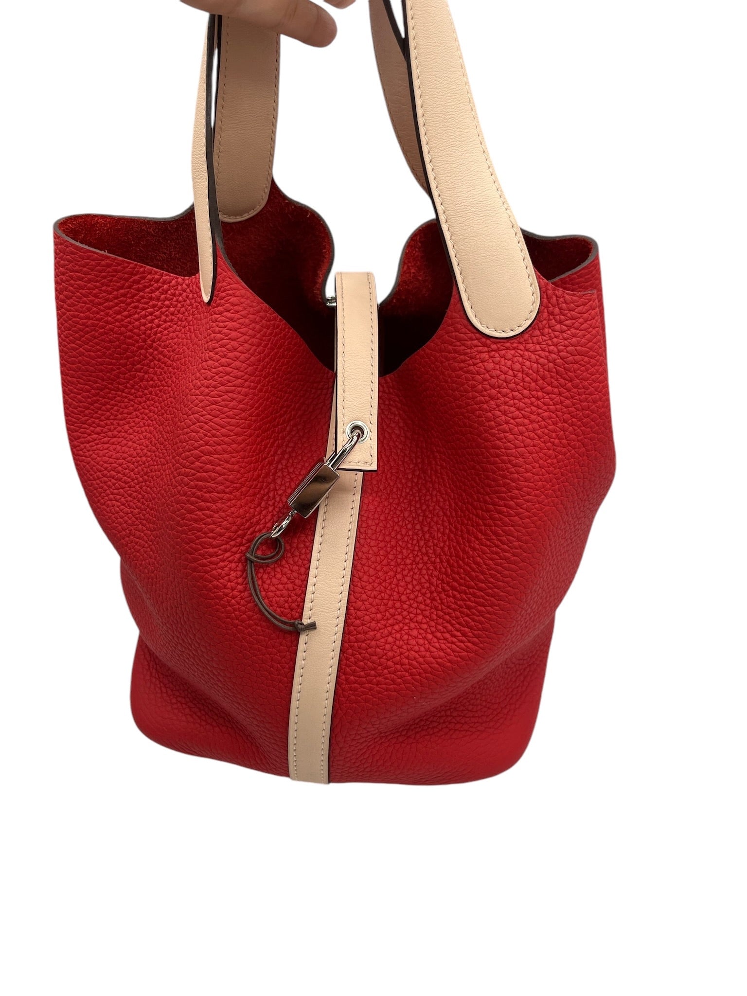 PRE-OWNED Picotin Lock 22 Bicolor Red Beige Clemence Handbag