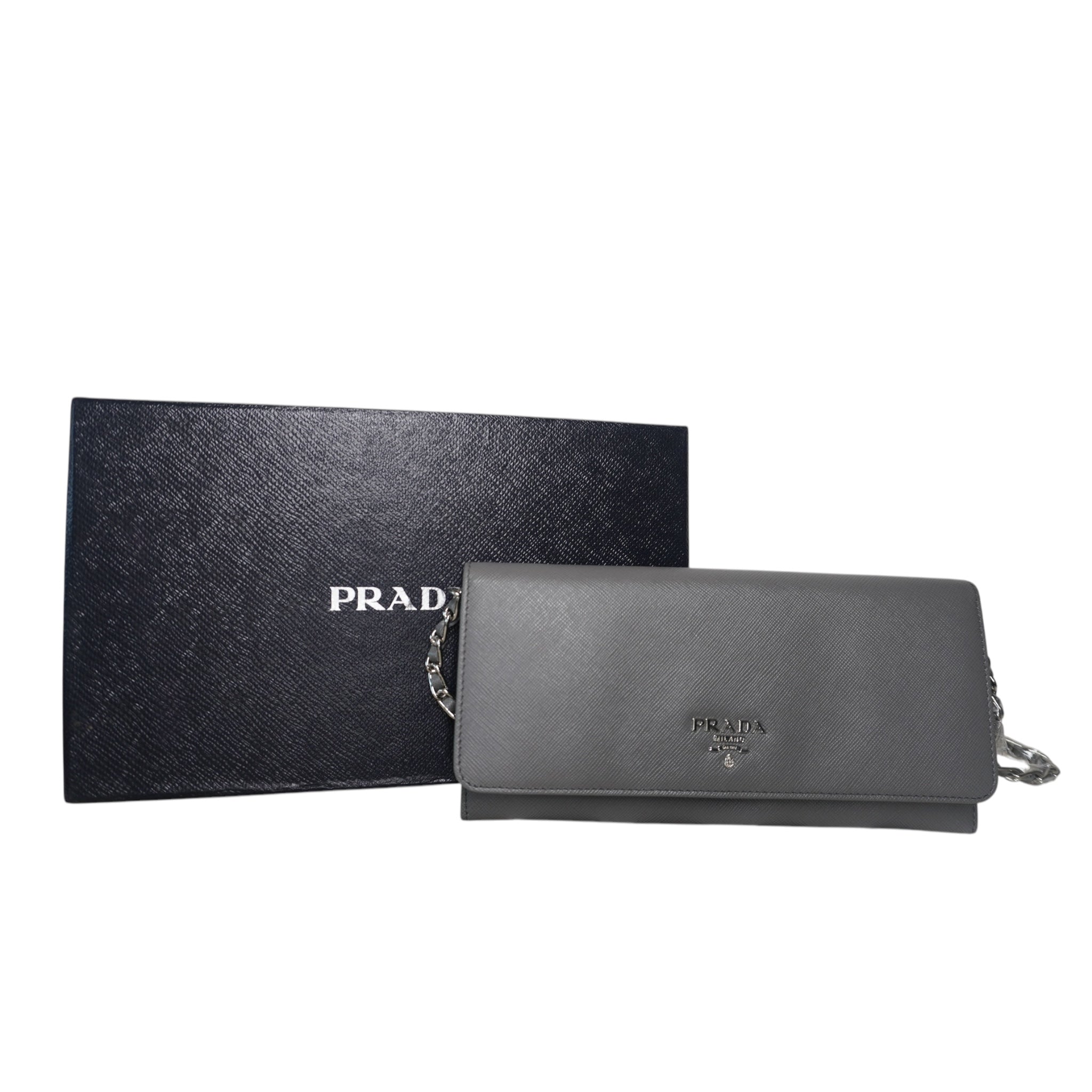 PRE-OWNED Grey Saffiano Leather Wallet On Chain Crossbody Bag
