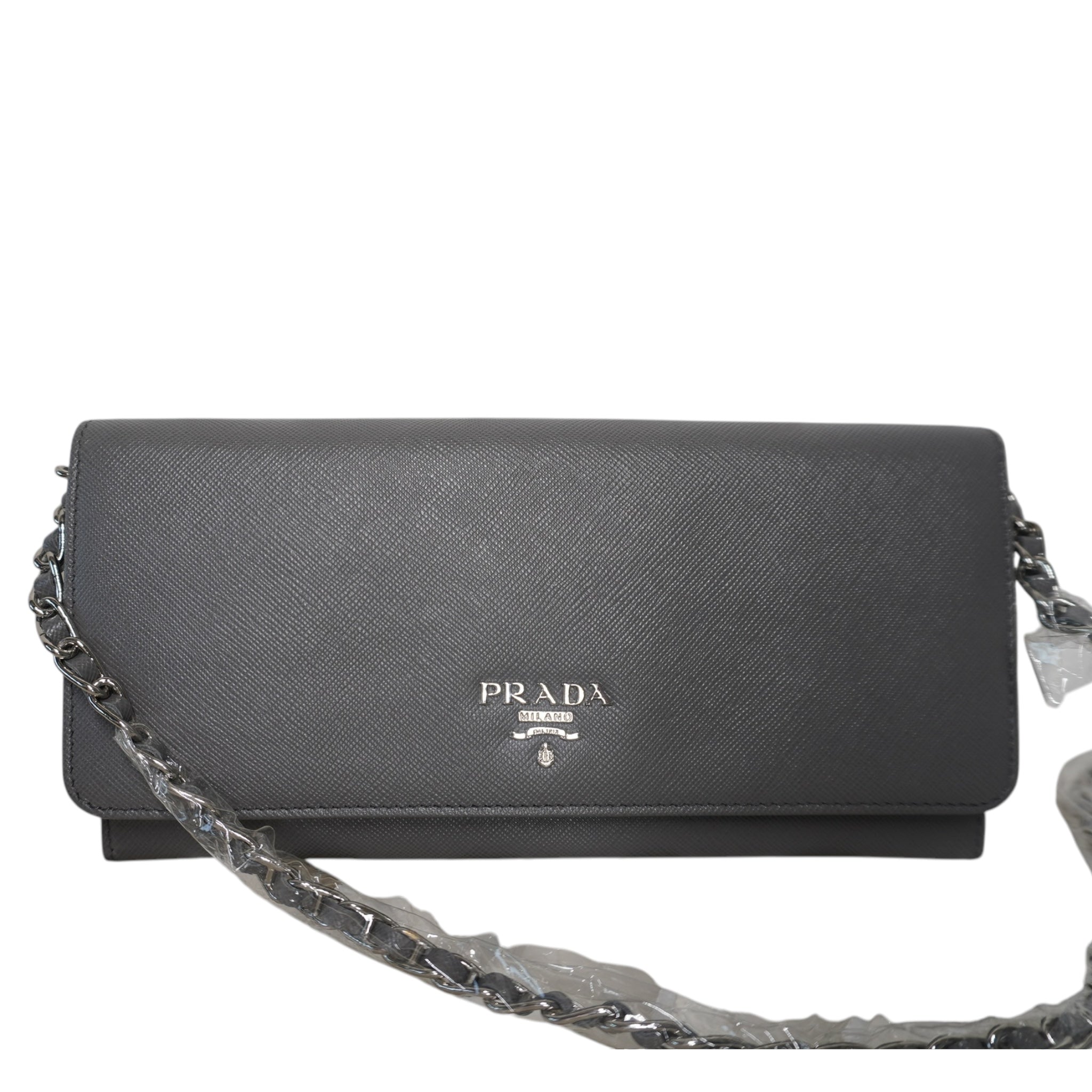 PRE-OWNED Grey Saffiano Leather Wallet On Chain Crossbody Bag