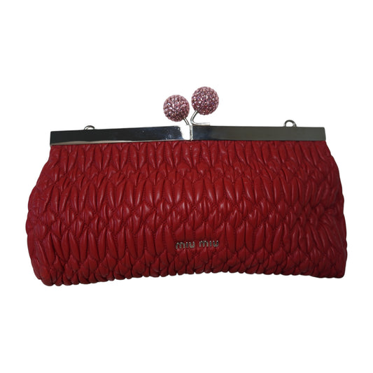 PRE-OWNED Red Leather Matelasse Clutch Crossbody Bag