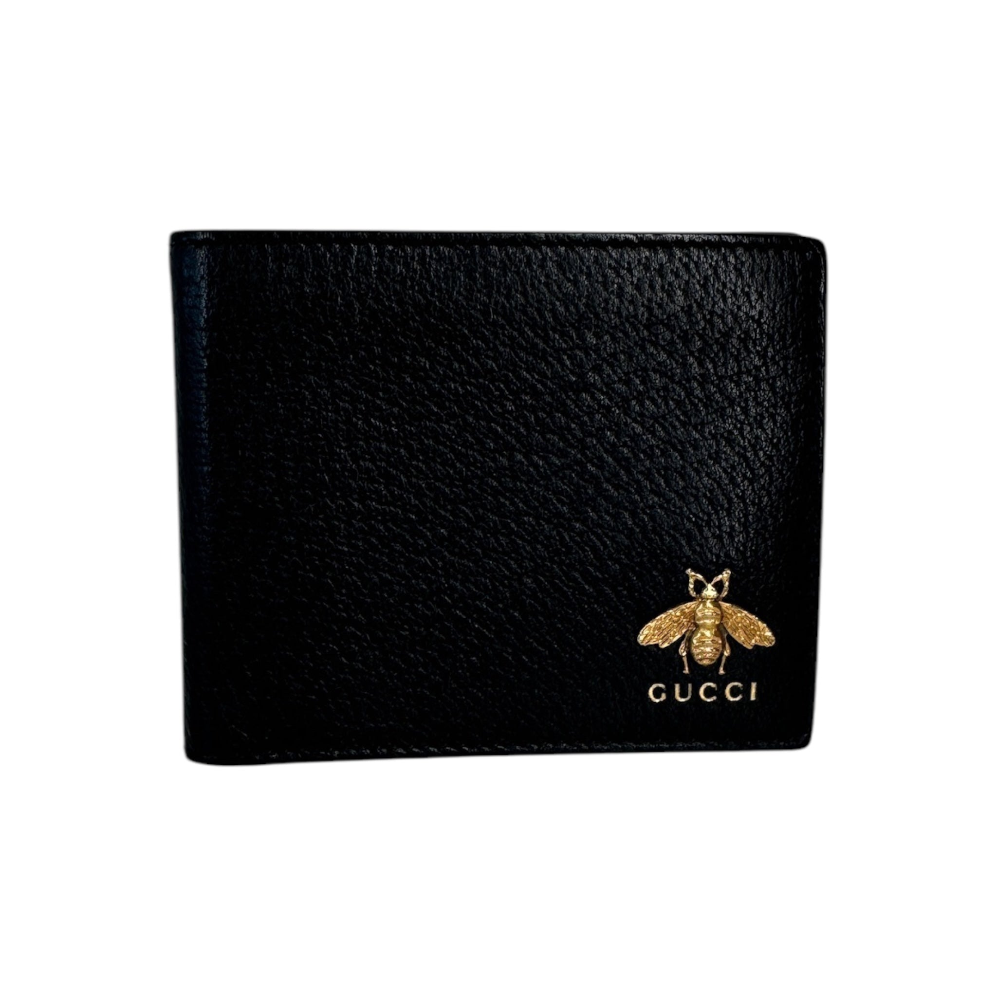 Cartera corta con abeja de piel granulada negra GG de segunda mano