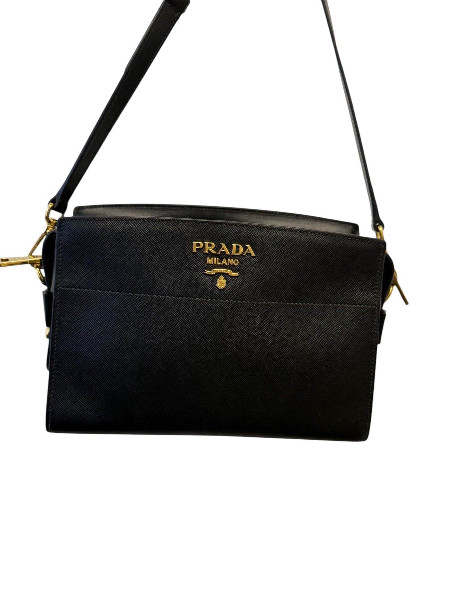PRE-OWNED Black City Calf Saffiano Esplanade Crossbody Bag