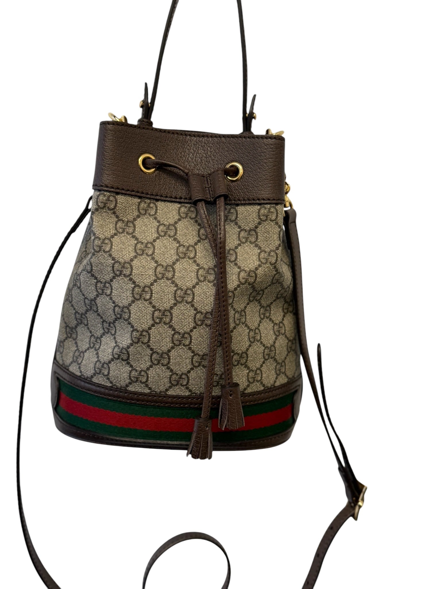 Bolso tipo cubo pequeño Ophidia de lona con tribanda GG Supreme en color beige de segunda mano