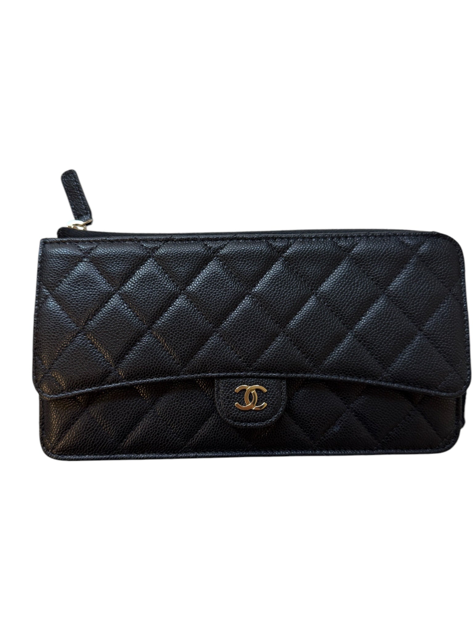 Estuche clásico con cremallera y acolchado de caviar negro CC 23K USADO