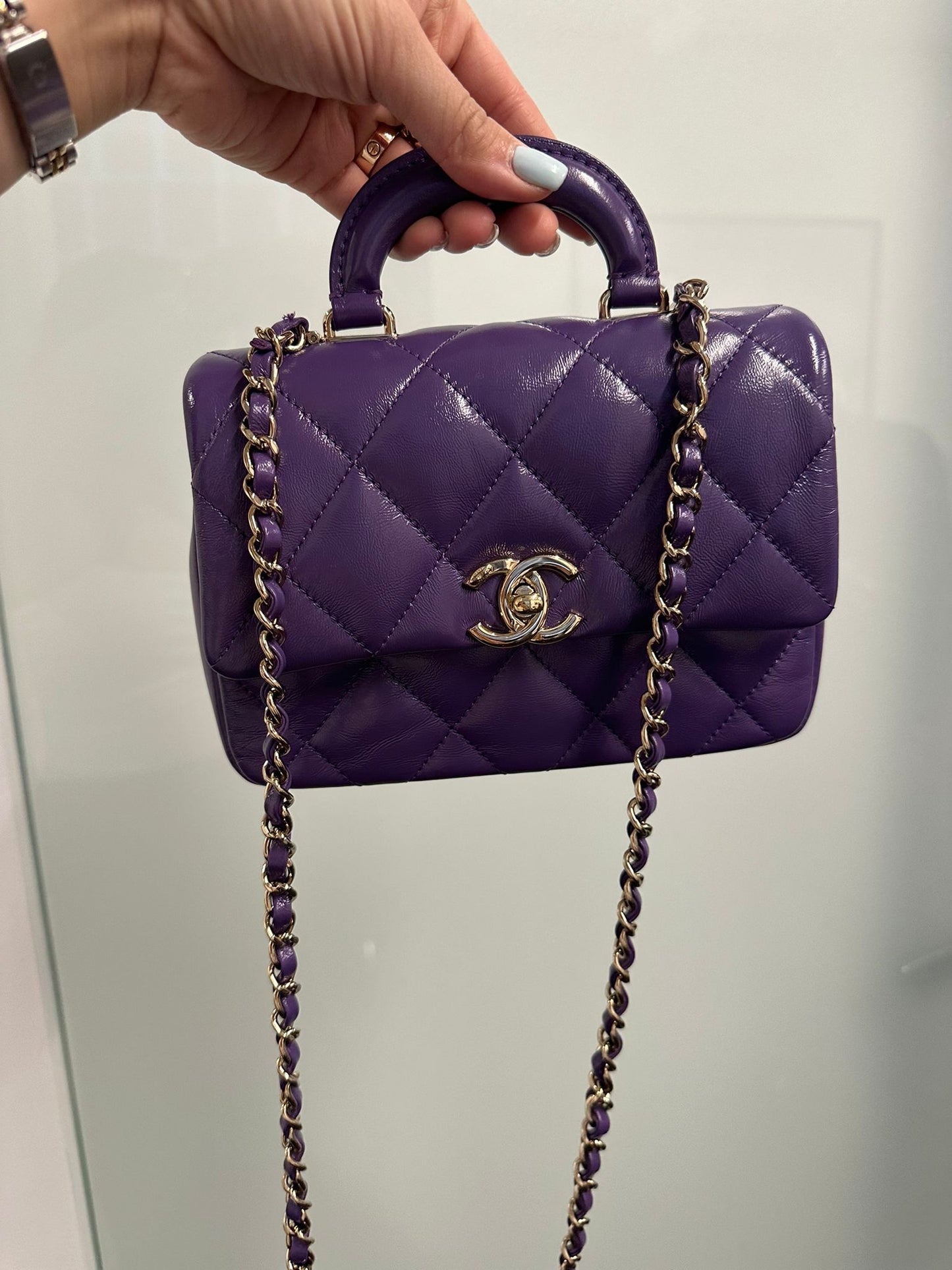 CHANEL - Purple Quilted Lambskin Top Handle Clutch with Chain