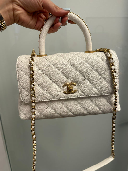 CHANEL - White Quilted Caviar Chain Small Coco Top Handle Bag