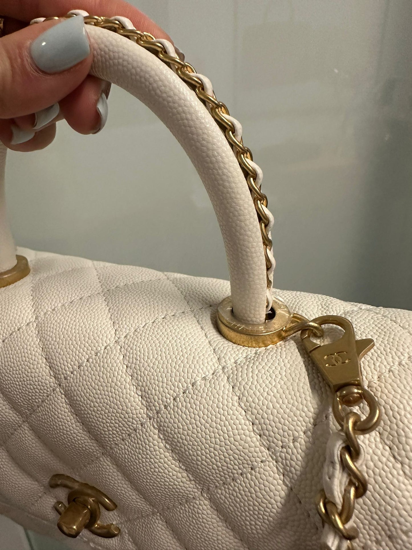 CHANEL - White Quilted Caviar Chain Small Coco Top Handle Bag