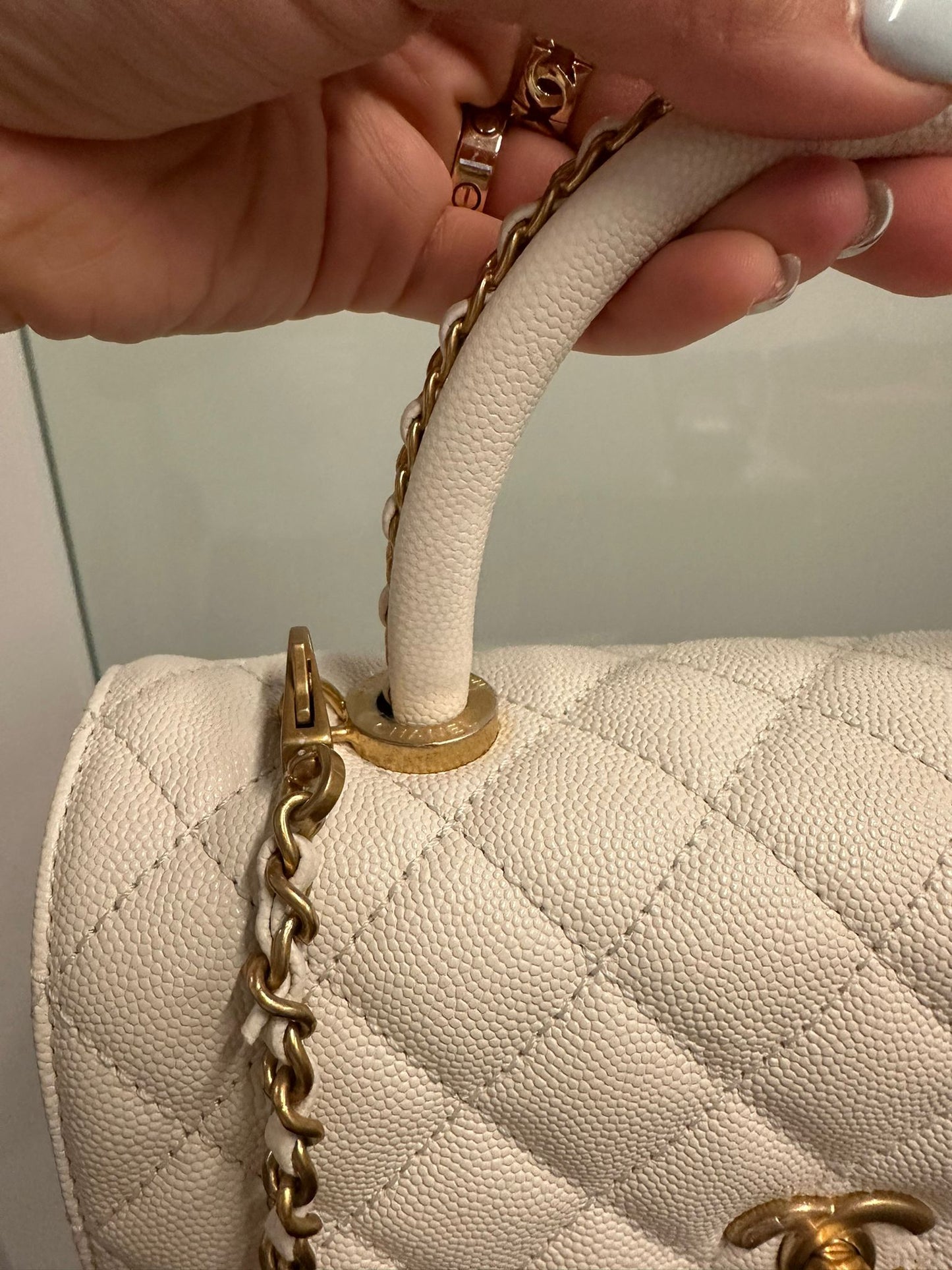 CHANEL - White Quilted Caviar Chain Small Coco Top Handle Bag