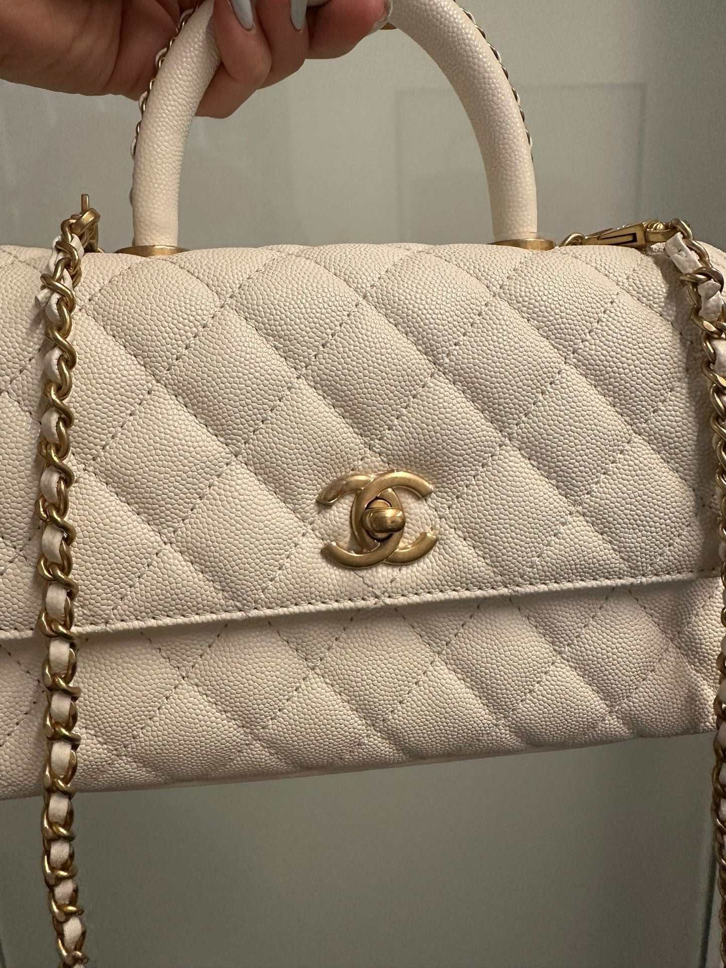 CHANEL - White Quilted Caviar Chain Small Coco Top Handle Bag