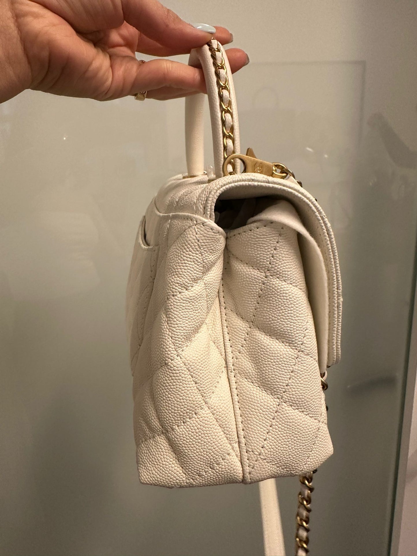 CHANEL - White Quilted Caviar Chain Small Coco Top Handle Bag