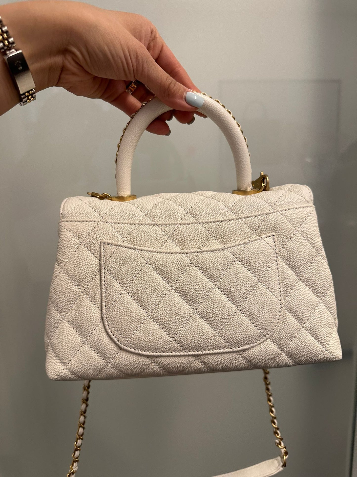 CHANEL - White Quilted Caviar Chain Small Coco Top Handle Bag