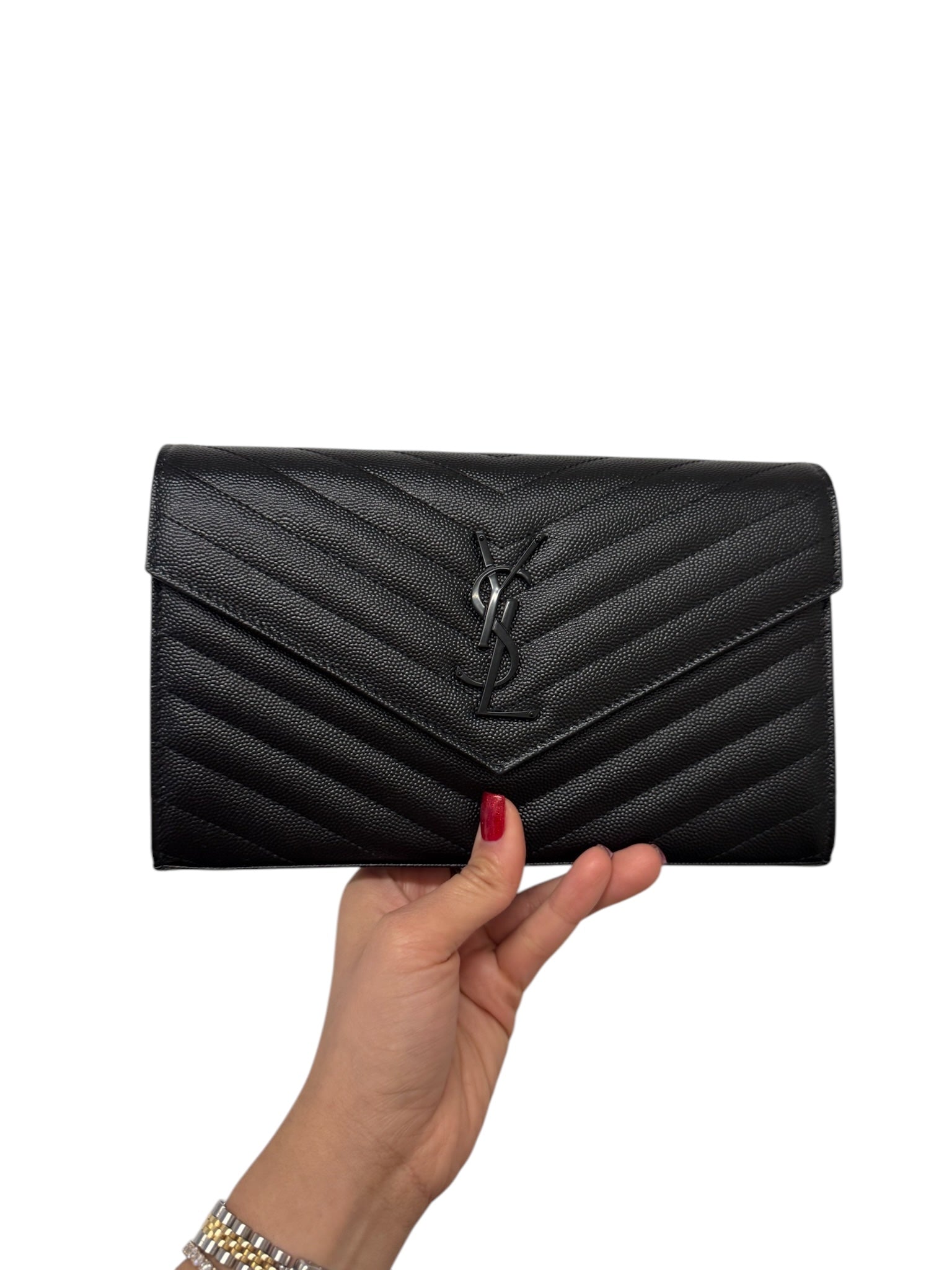 PRE-OWNED YSL Black Grain De Poudre Cassandre Chain Wallet