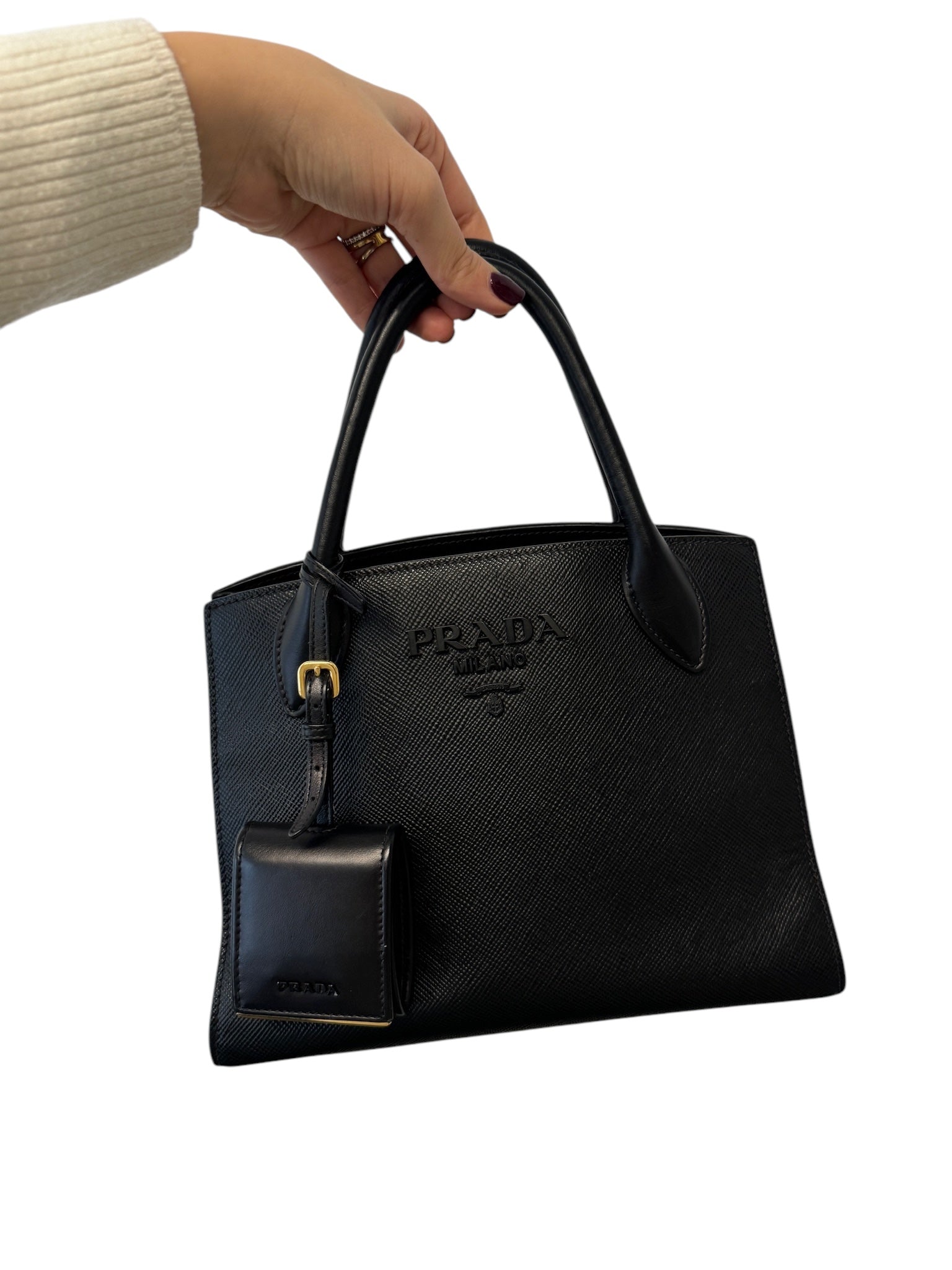 PRE-OWNED Black Saffiano Medium Monochrome Top Handle Tote