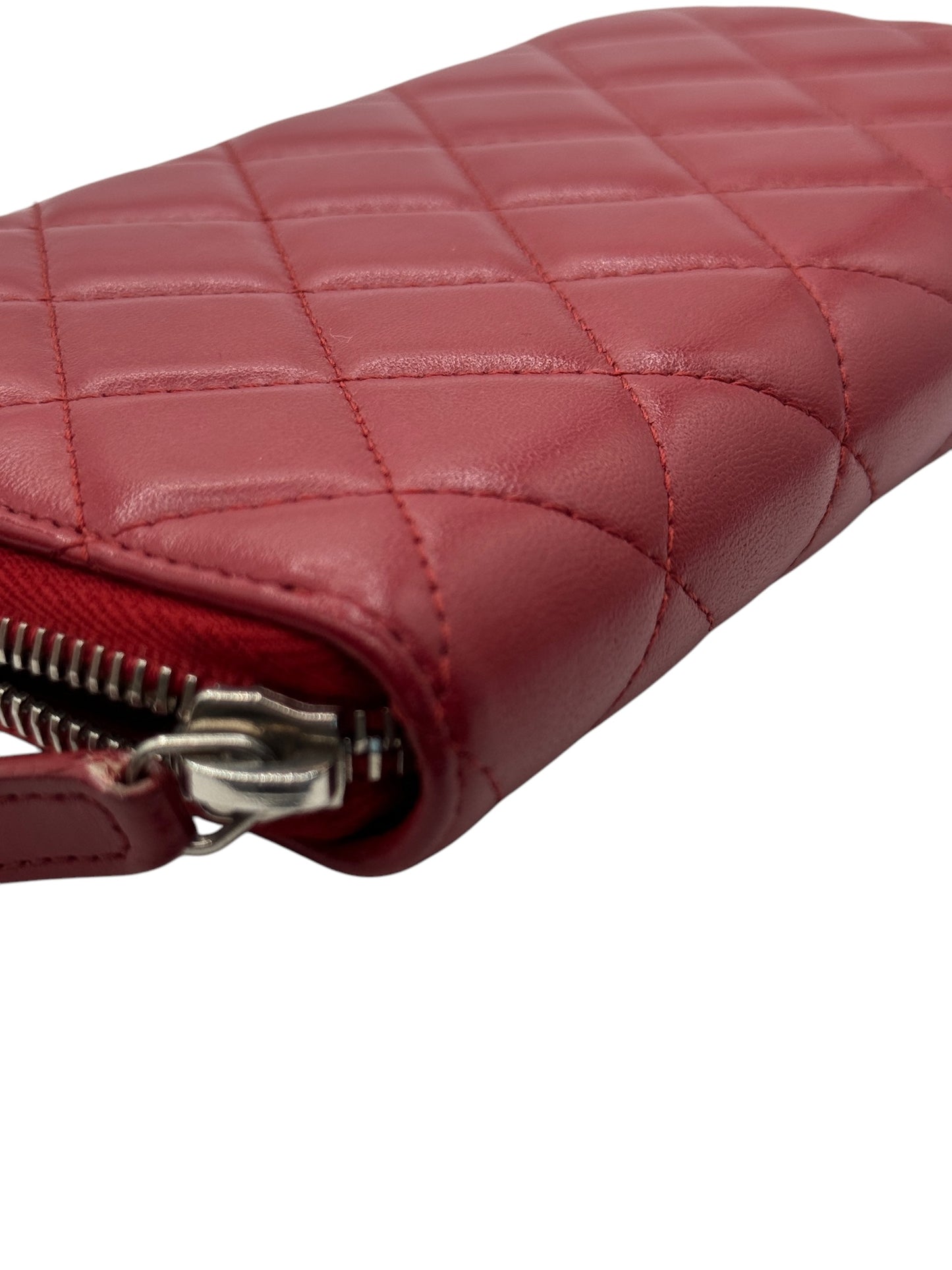 PRE-OWNED CC Red Quilted Lambskin Zip Around Wallet