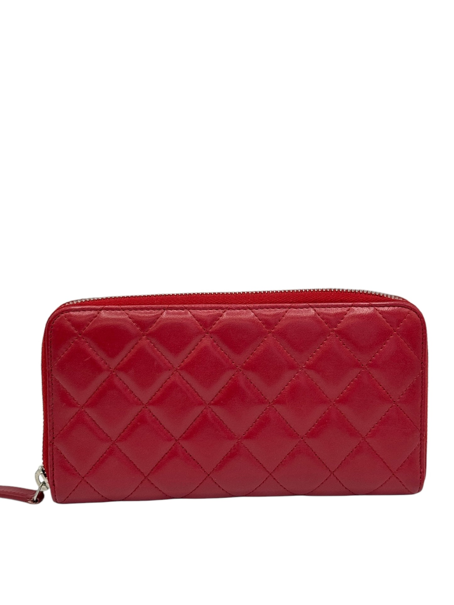 PRE-OWNED CC Red Quilted Lambskin Zip Around Wallet