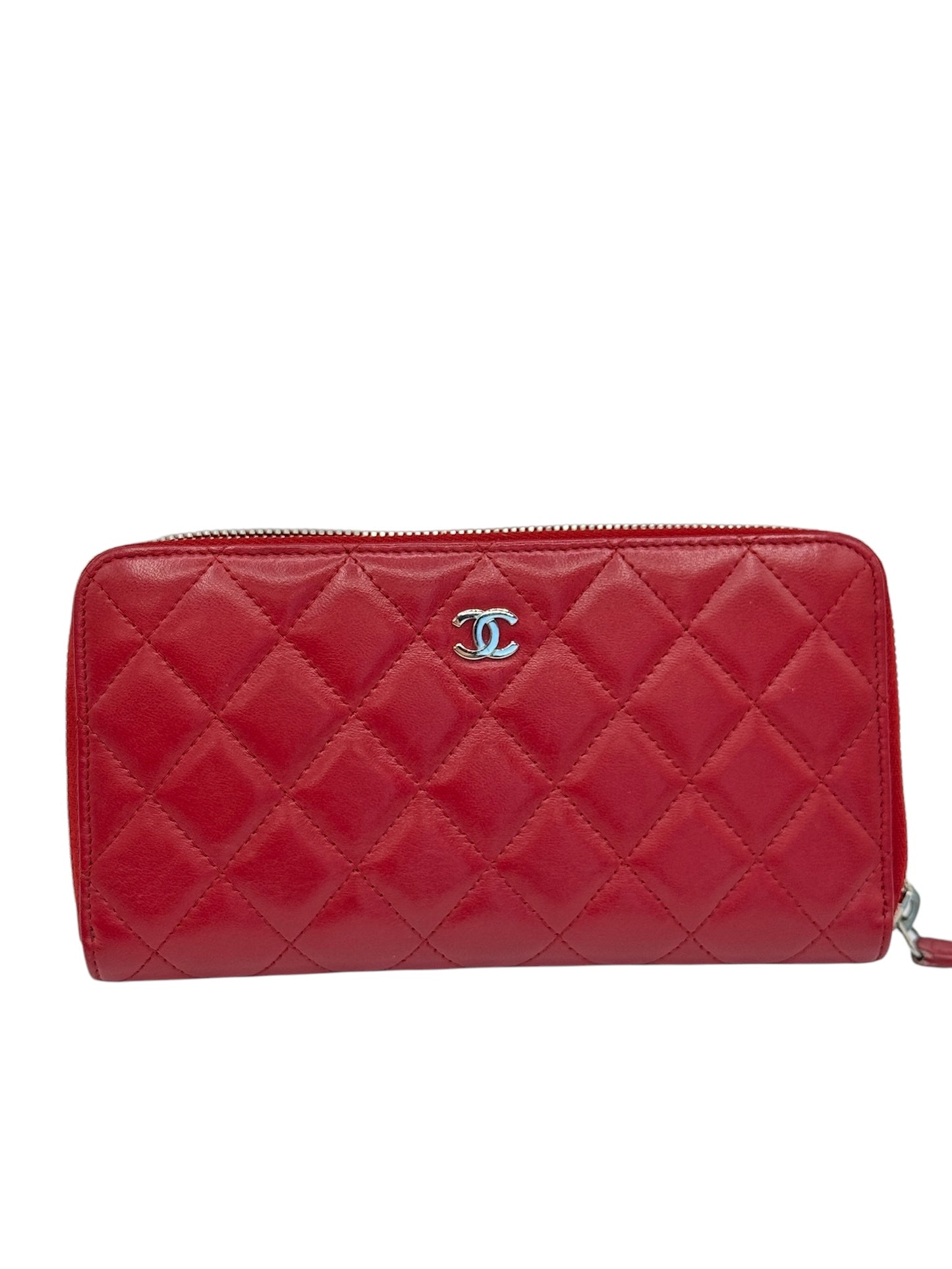 PRE-OWNED CC Red Quilted Lambskin Zip Around Wallet