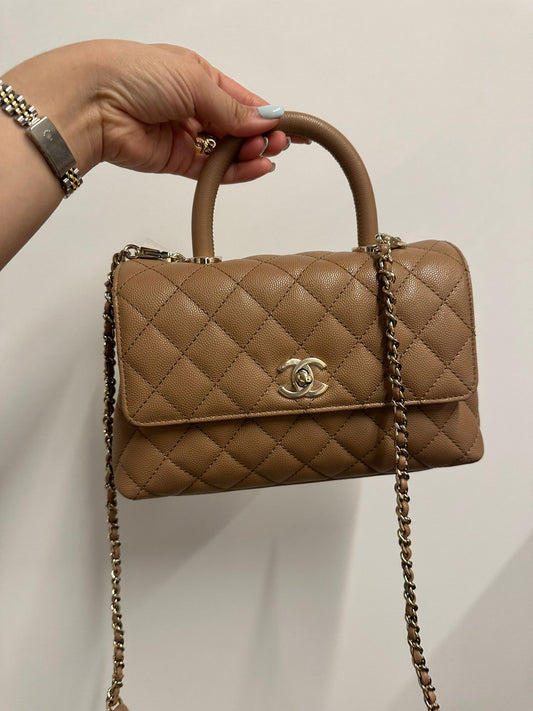 CHANEL - Beige Quilted Caviar Small Coco Top Handle Bag