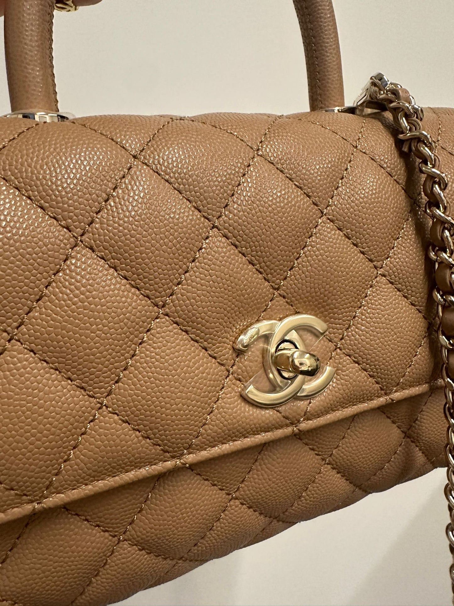 CHANEL - Beige Quilted Caviar Small Coco Top Handle Bag