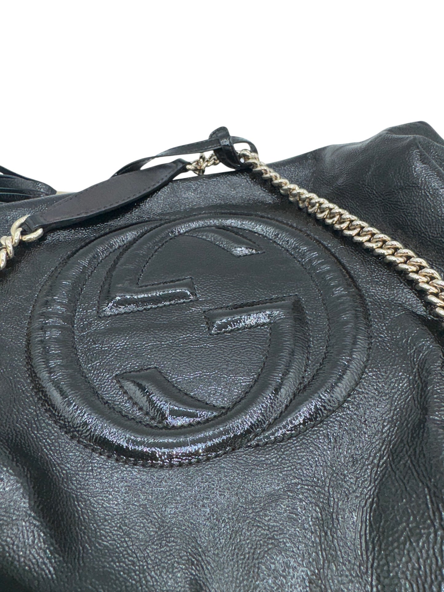 PRE-OWNED GG Black Pebbled Calfskin Soho Chain Tote Bag