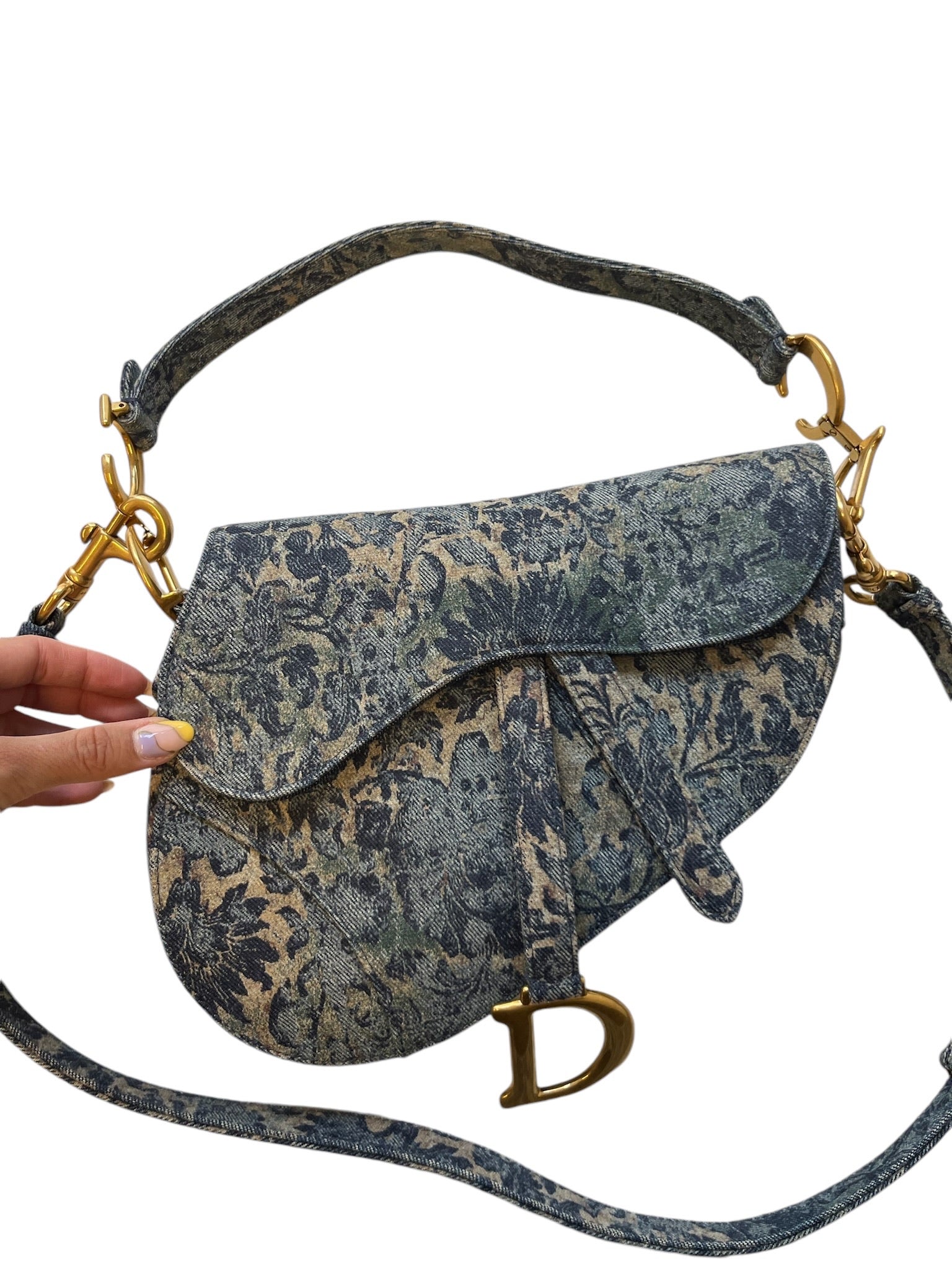 DIOR - Saddle Bag Bolso de hombro bordado con brocado de mezclilla azul