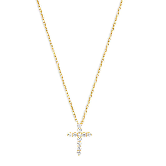 Yellow Gold Necklace with 11 Natural Diamonds and Cross Pendant