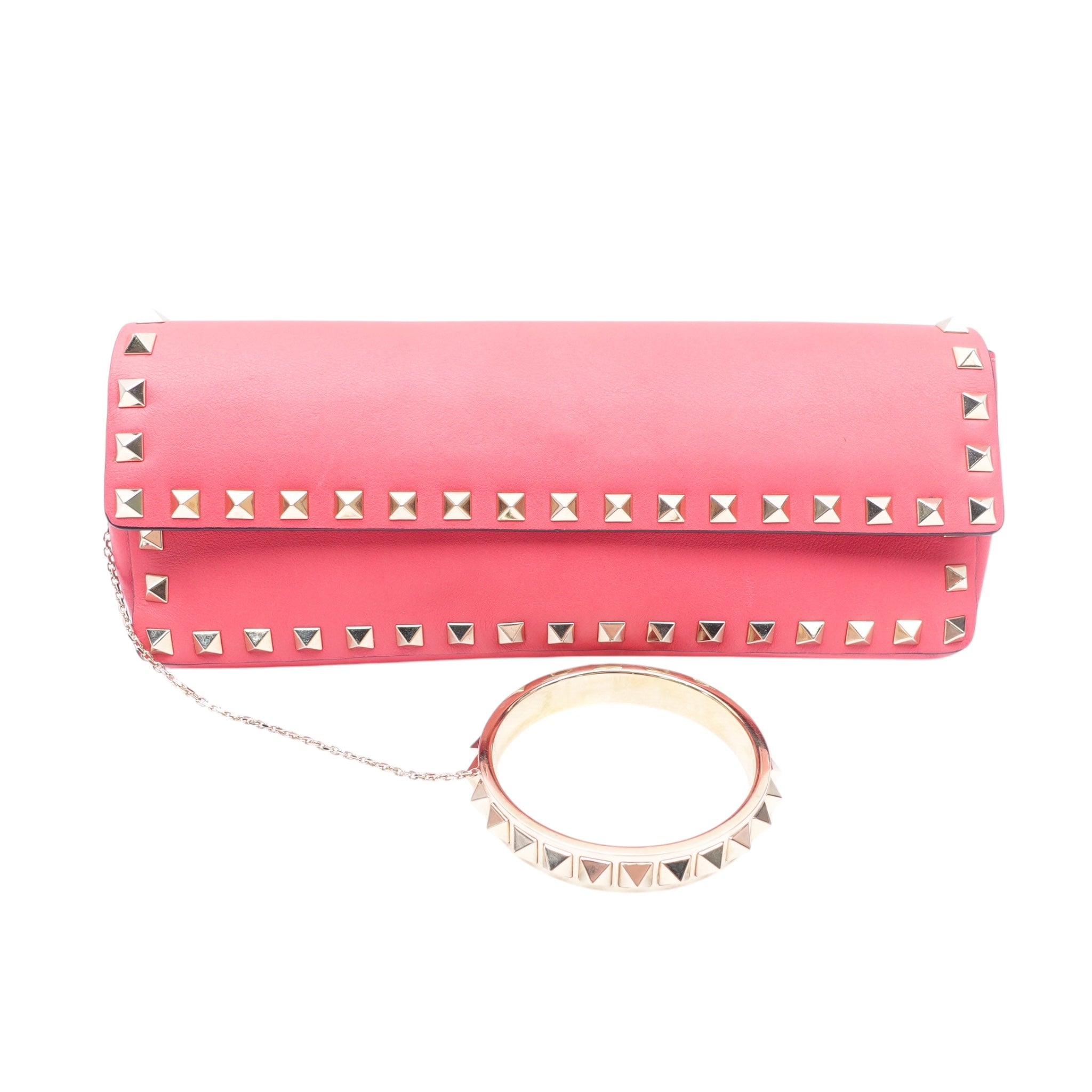 PRE-OWNED Pink Rockstud Bracelet Clutch Leather Long