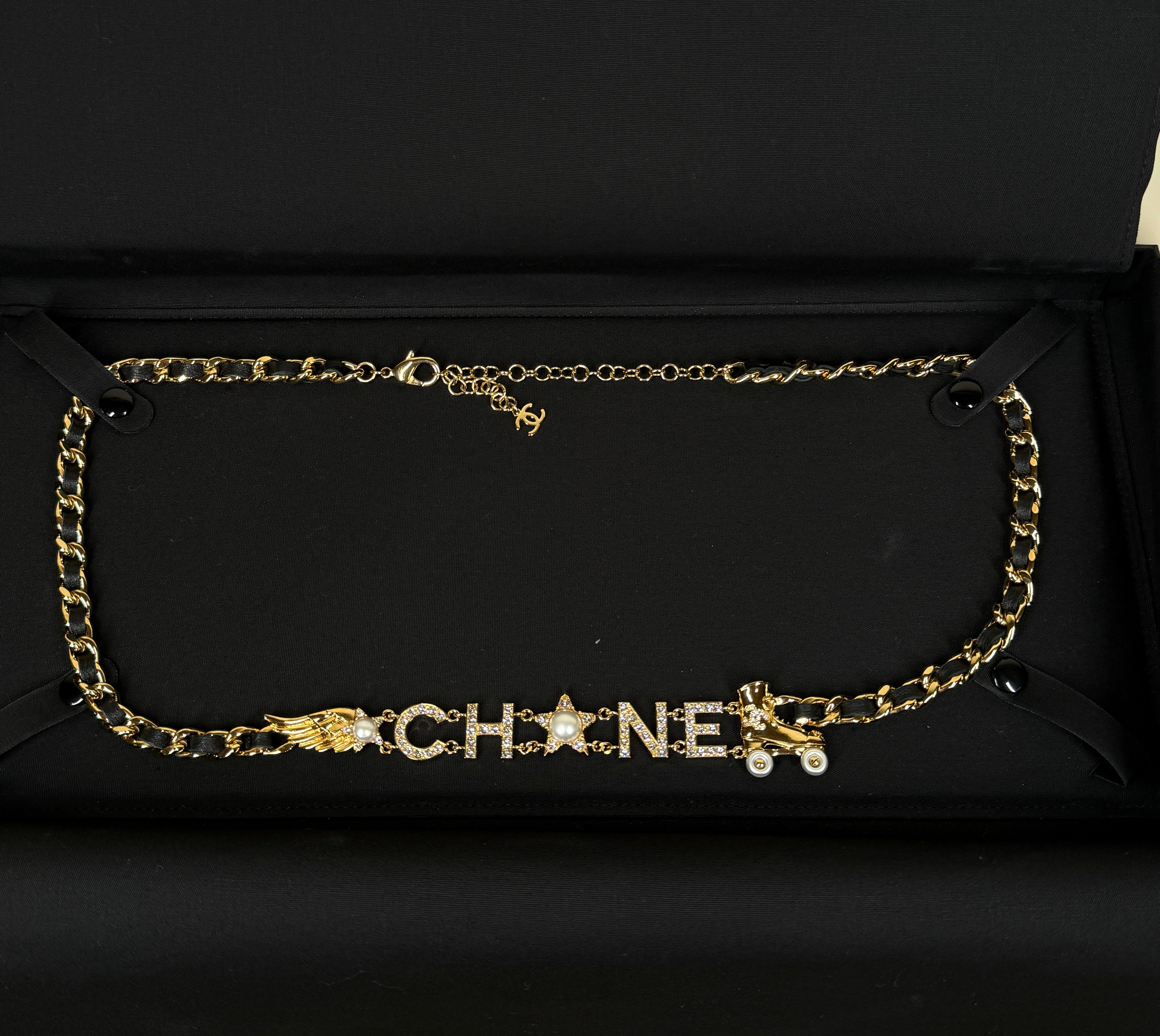 PRE-OWNED Belt Gold Black Cream Clear Hardware Leather Rhinestones Fake Pearl