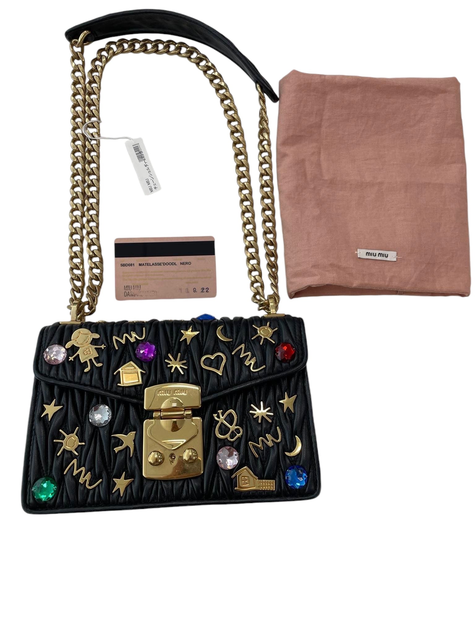MIU MIU - Confidential Badges Diagonal Black Matelasse Shoulder Bag
