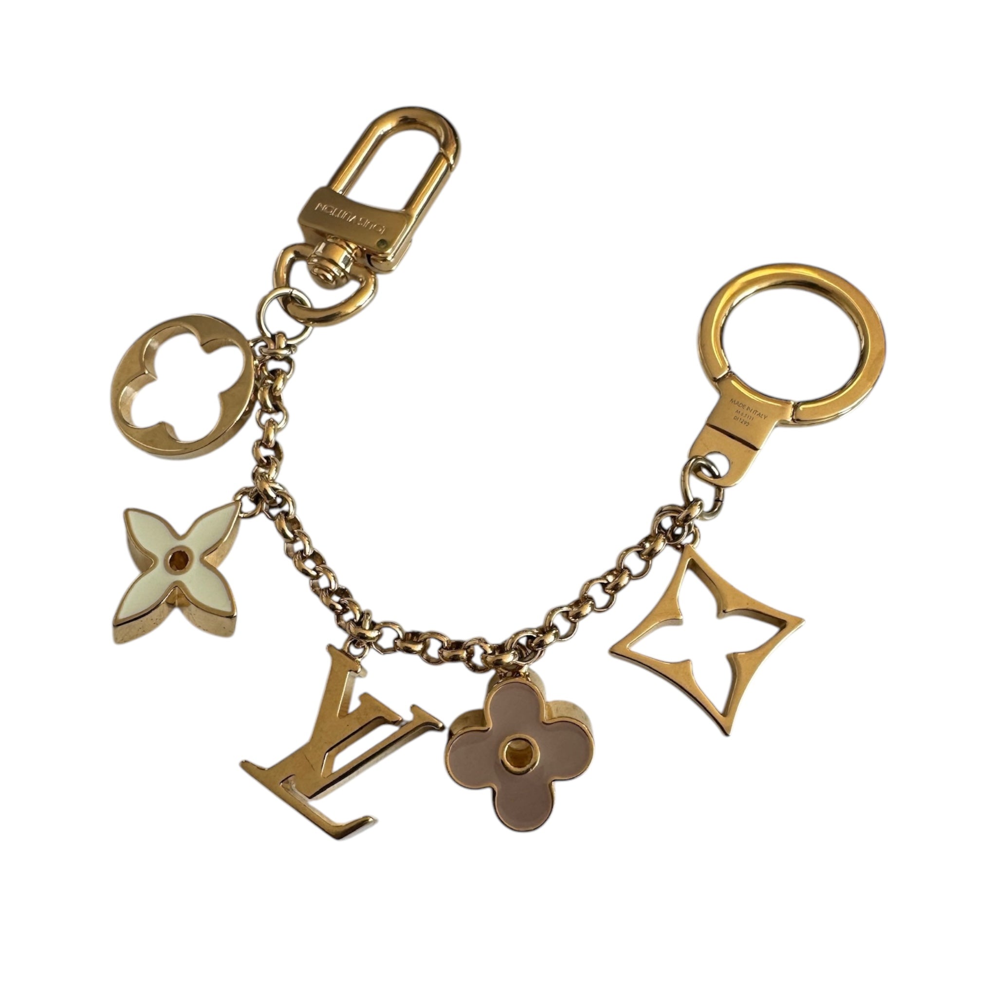 PRE-OWNED LV Brass Enamel Fleur De Monogram Bag Charm Chain Gold