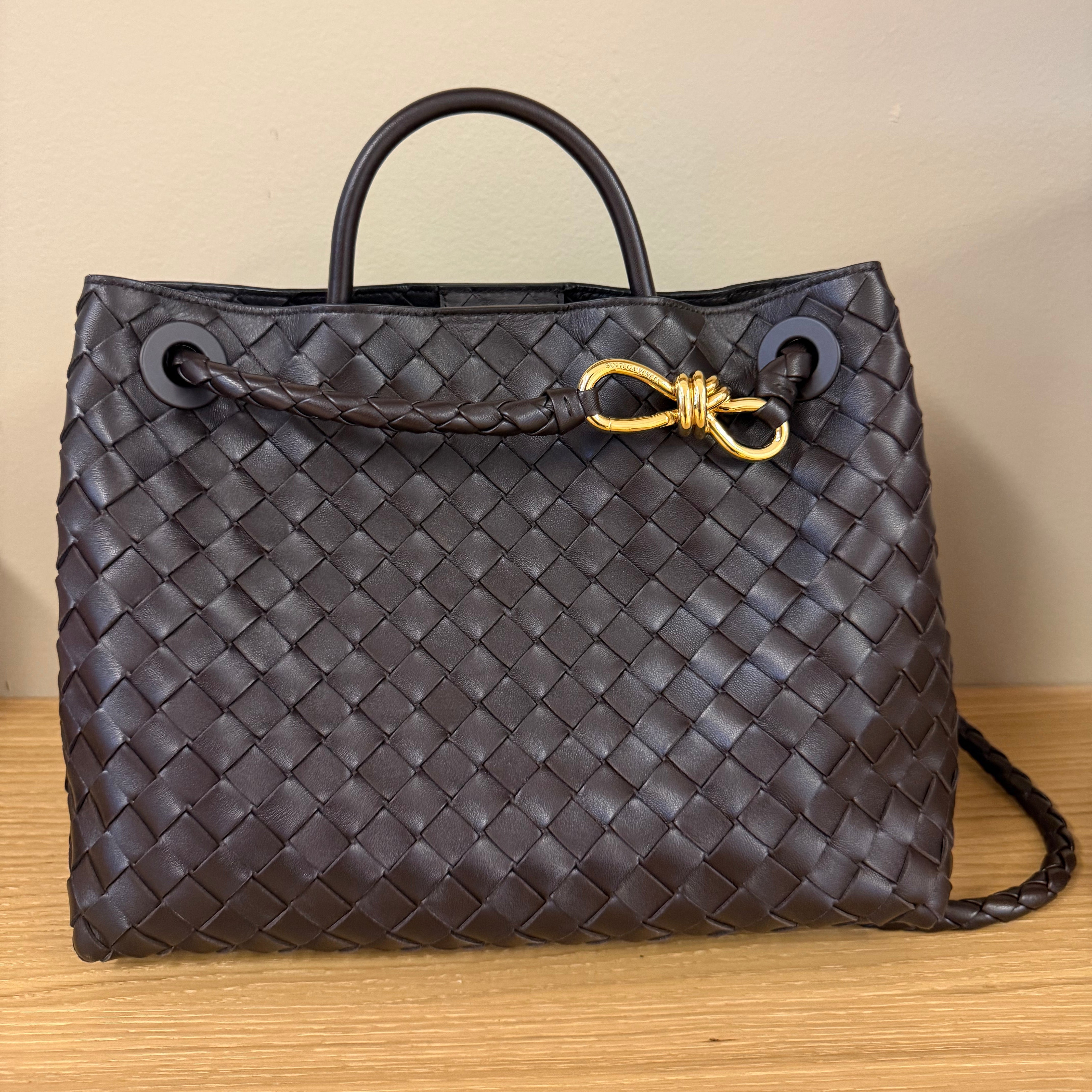 PRE-OWNED Andiamo Dark Brown Intrecciato Leather Shoulder Bag