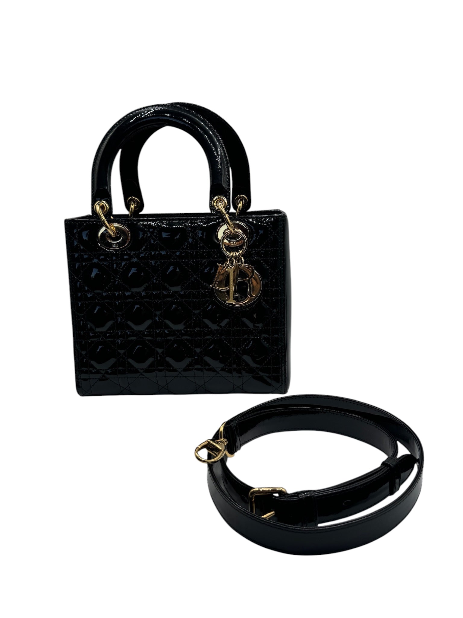 Bolso de hombro mediano Lady Dior de charol negro de segunda mano