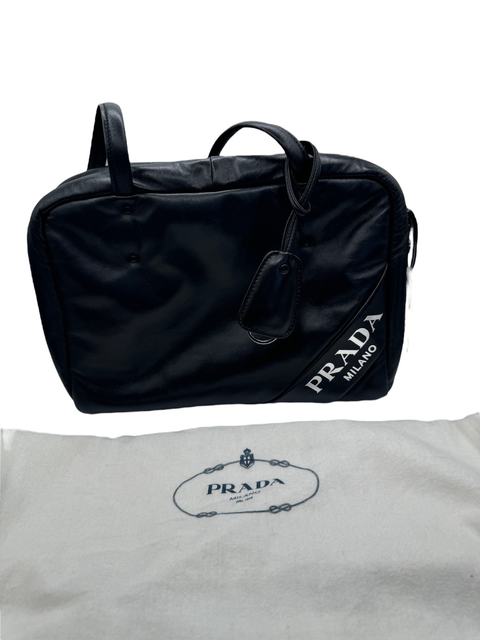PRE-OWNED Puffy Shoulder Bag Black Blue Leather