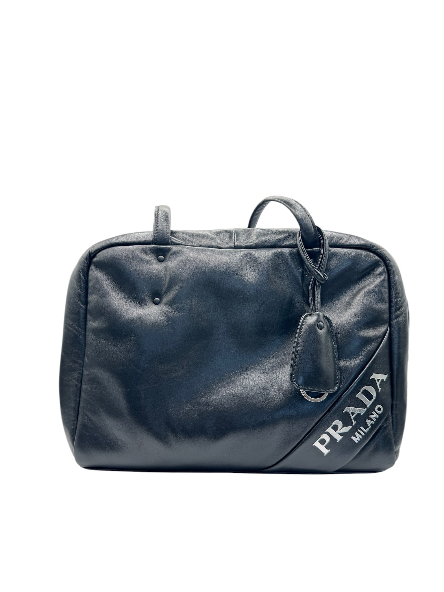 PRE-OWNED Puffy Shoulder Bag Black Blue Leather