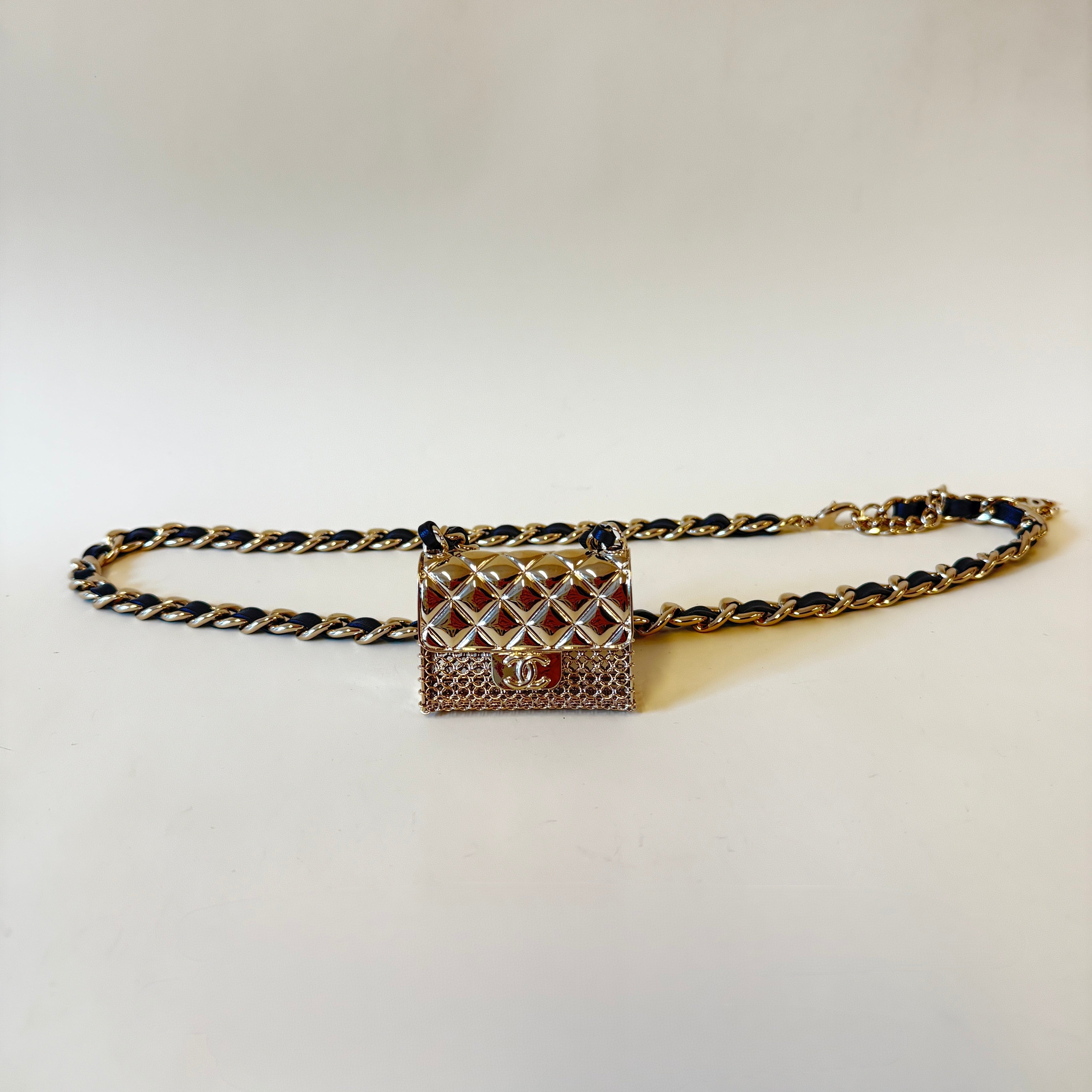 PRE-OWNED CC Belt Gold Black Hardware Lambskin