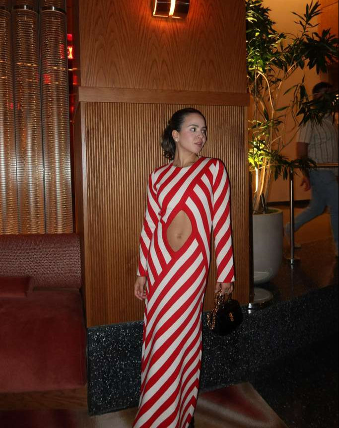 PRE-OWNED GUCCI Striped Long White Red Dress