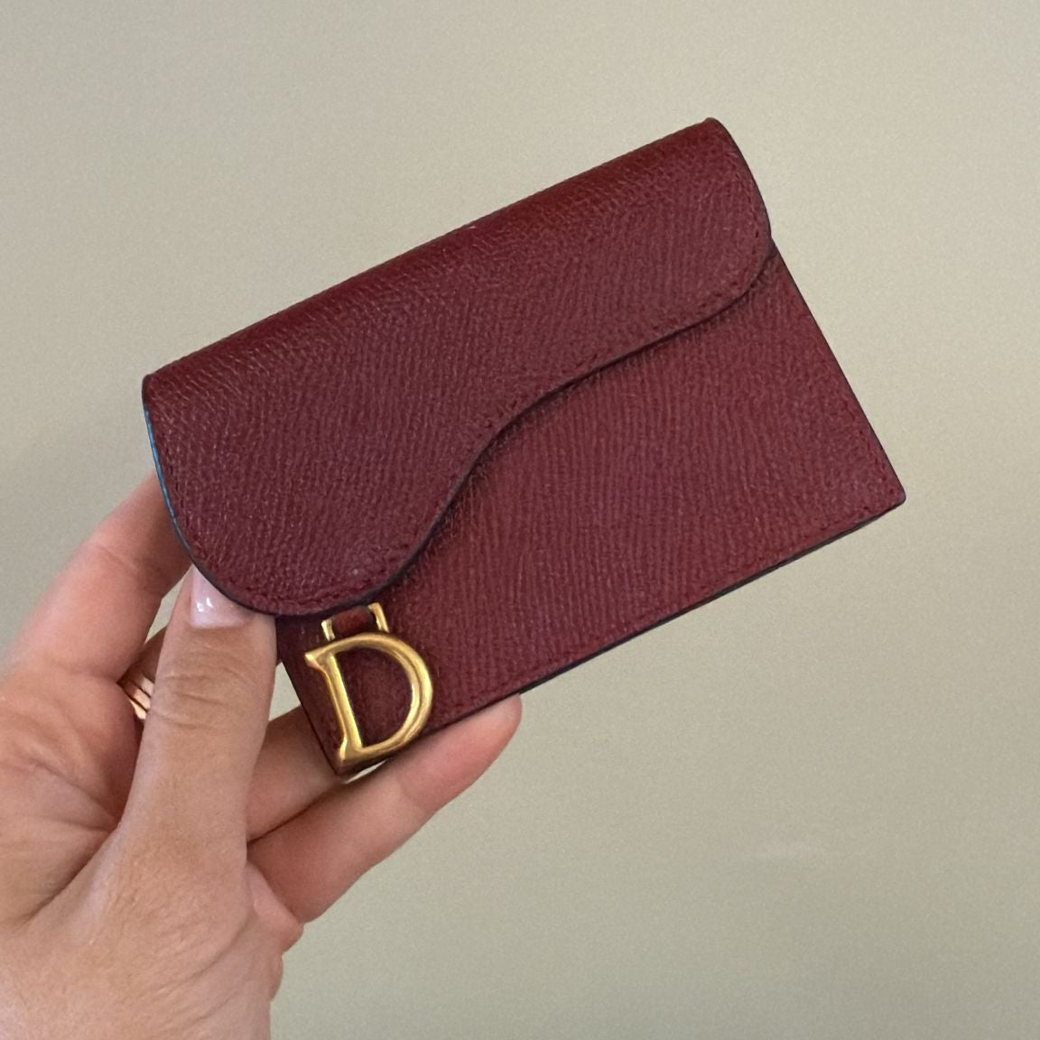 PRE-OWNED Grained Calfskin Saddle Card Holder Burgandy