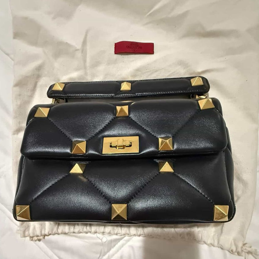 PRE-OWNED Medium Roman Stud Black Lambskin Shoulder Bag ( II PART)